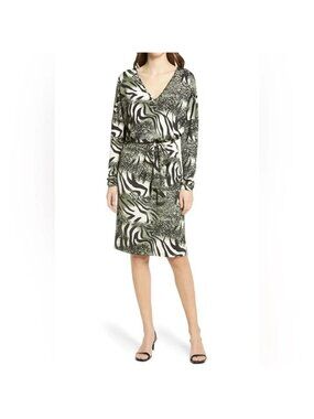 Ilse Jacobsen Green Animal Print Belted Long Sleeve Jersey Dress Womens Sz L/XL